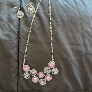Vintage-Style Pink Medallion Necklace and Earrings Set